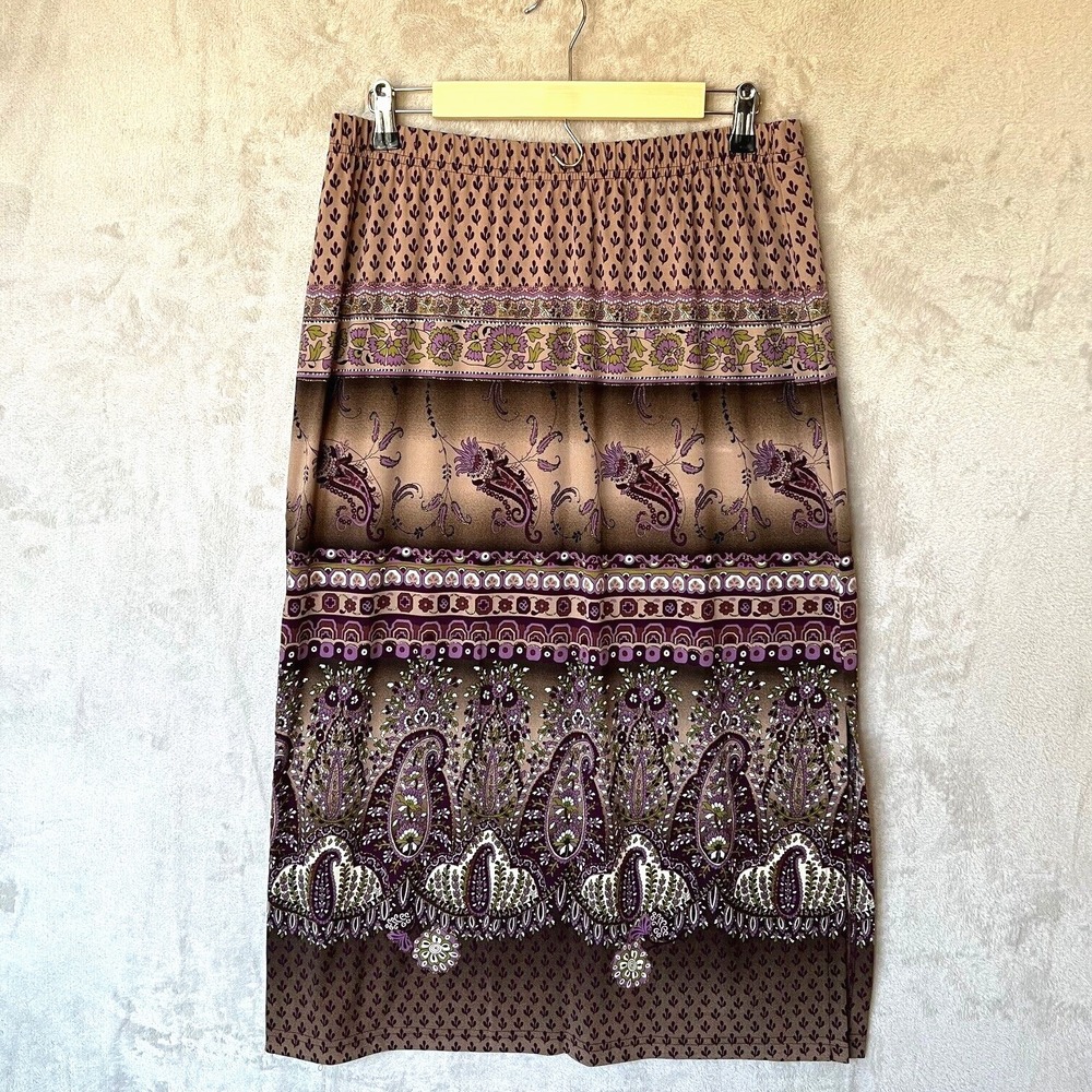 Coldwater‎ Creek Womens Maxi Skirt Sz PL Brown Purple Pull On Paisley Batik Slit